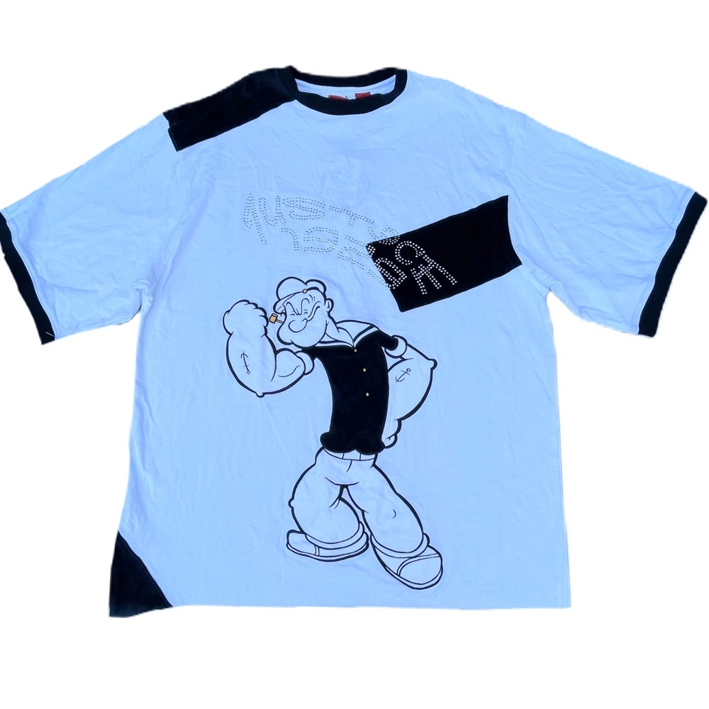 New Vintage 90s Popeyes Justice 1929 White Black Graphic T-shirt